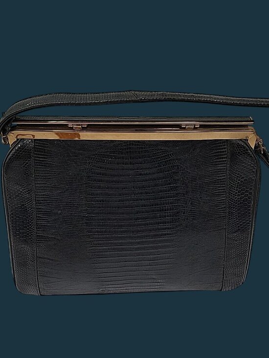 Sterling USA Handbags - Vintage Sterling USA Black Genuine Lizard Skin Handbag Mid Century Frame Purse